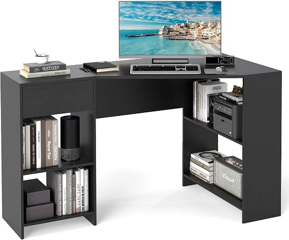 COSTWAY L-Shaped Computer Desk, 120cm Corner Study Workstation (Black)