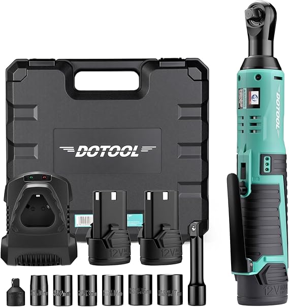 3/8'' Cordless Electric Ratchet Wrench Set, 40Ft-Lbs12V Ratchet Tool Kit | with 2 X 2.0Ah Battery, Variable Speed Trigger, 6pcs Standard Sockets,1/4'' Adapter, 3 inch Extension Bar