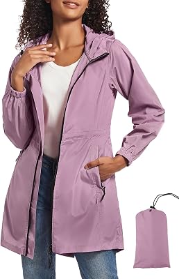 SaphiRose Womens Long Packable Raincoat Waterproof Rain Jacket Lightweight Outdoor Windbreaker with Hood