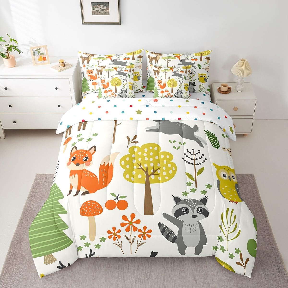 7 Piece Cute Fox Kids Bed in a Bag Boys Lovely Cartoon Animal Rabbit Deer Raccoon Sheet Set for Girls Teens Kawaii Room Decor Bedding Set with Comforter Owl Botanical Print Cushion Covers Twin