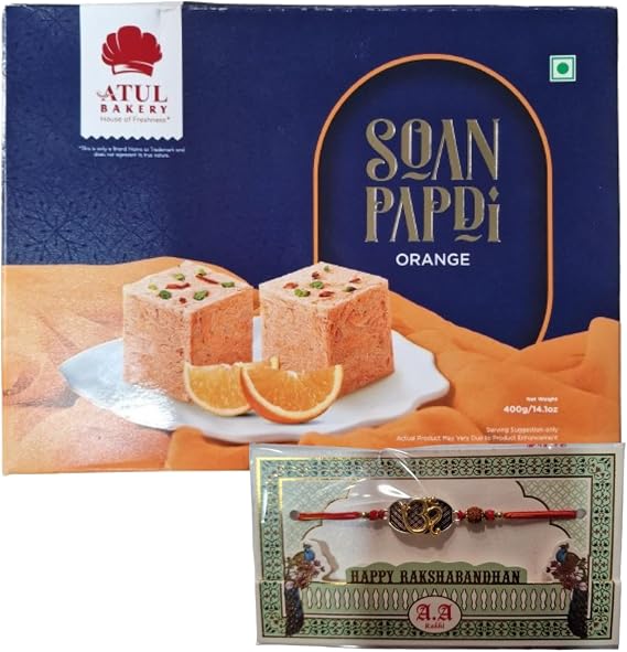 Rakhi & Atul Bakery Soanpapdi Sweets (Orange) (400g) - Soft & Flaky Mithai Indian Sweet for Raksha Bandhan For the Festival of Brothers & Sisters Bond (1 Rakhi With 1 Sweet Box) (No.103)