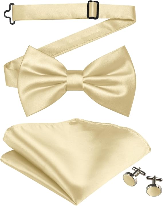 Bow Ties for Men Solid Pre-Tied Bowties Pockets Square Cufflinks | Business Wedding Graduation Satin Silk Bowties Set