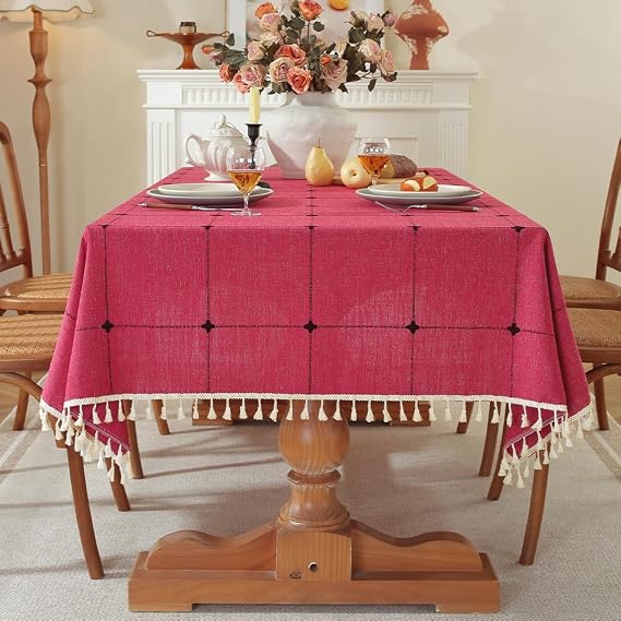 Pahajim Tablecloth Cotton Linen Rectangle Fall Table Cloth Waterproof Wrinkle Resistant Washable Farmhouse Gingham Table Cover with Tassel for Dining Kitchen Outdoor Picnic,55''x79'',4-6 Seats