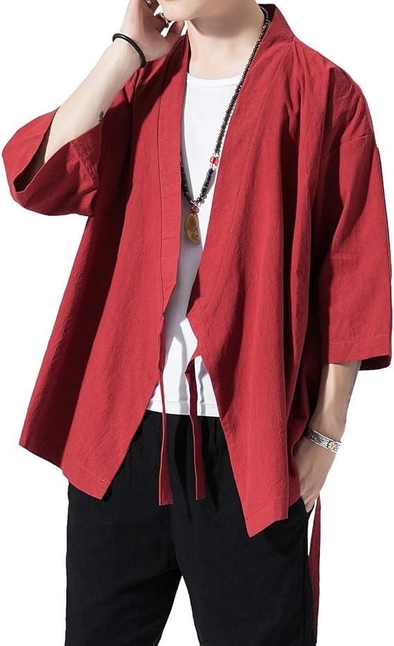 Mens Kimono Cardigan Cotton Linen Japanese Kimono Jacket 3/4 Sleeve Haori | Skin-Friendly Patchwork Shawl Collar Embroidery Open Front yukata Pocketless Lightweight Happi Coat Beach Summer Casual Wear