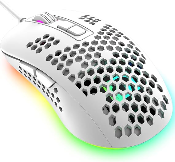 383 Ultralight Wired Gaming Mouse, Lightweight Honeycomb Shell, 4 RGB Breathing Backlit Mice, 4 Adjustable DPI 2400, USB Optical Computer Mice for Win10/XP/Xbox/PS4/PS5/Mac/Air/HP/Acer (White)