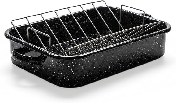 Granite Ware 19" Rectangular Roasting Pan With V-Rack Black - Black, Set of 2
