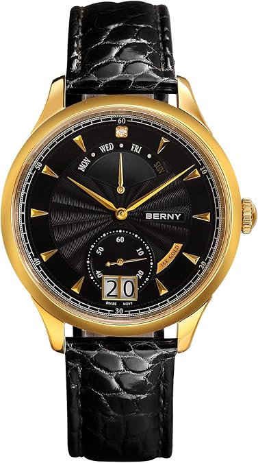 BERNY Luxury Mens Quartz Watch,Stainless Steel Bezel with 18K Gold Overlay
