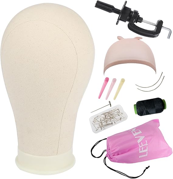 Leeven 22 Inch Canvas Wig Head for Making Wig Poly Mannequin Head With T Pins and Clamp Stand for Display/Styling Canvas Block Head 22 Inch