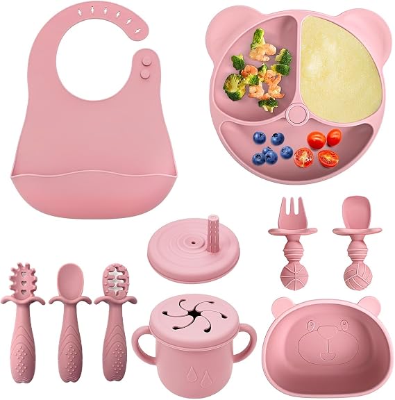 Baby Weaning Set 10 Pcs, Silicone Feeding Kit with Plate Bowl Bib & Fork