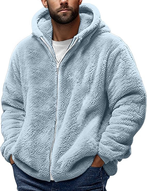 Yolimok Teddy Fleece Jacket Mens, Full Zip Up Hoodies Long Sleeve Sherpa Fleece Winter Coats Fluffy Warm Jackets Thick Plush Oversized Hoodie Thermal Hooded Coat Cozy Cardigan Plus Size