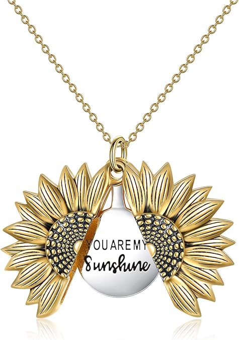 Sterling Silver Sunflower Locket Necklace You Are My Sunshine Engraved Pendant Necklaces Anniversary Jewelry for Her