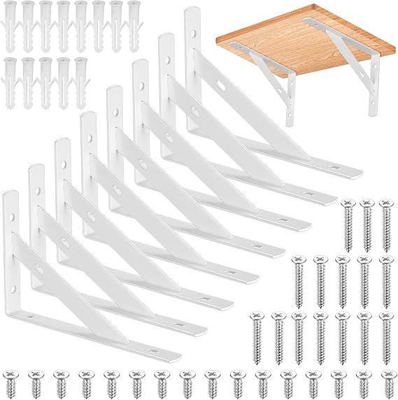 8 Pcs White Heavy‑Duty Wall‑Mounted Triangle Shelf Brackets,6x3.7 Inch