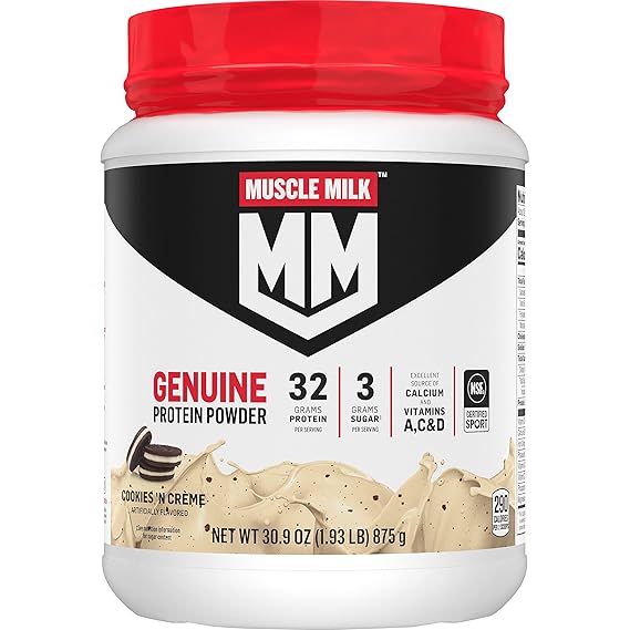 Muscle Milk Genuine Protein Powder, Cookies 'N Creme, 1.93 Pounds, 13 Servings, 32g Protein, 3g Sugar, Calcium, Vitamins A, C & D, NSF Certified for Sport, Energizing Snack, Packaging May Vary