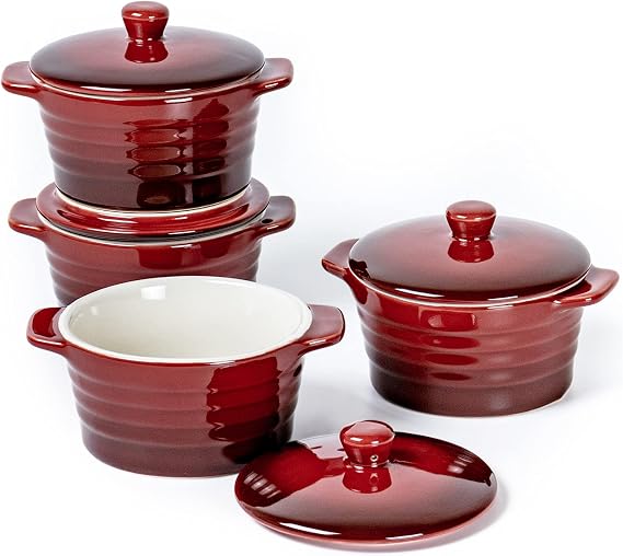 UNICASA 8 oz Ceramic Ramekins with Lid, Mini Casserole Dish with Handles Set of 4, Porcelain Small Baking Dish, Round Small Cocotte Oven Safe, Reactive Glaze (Red)