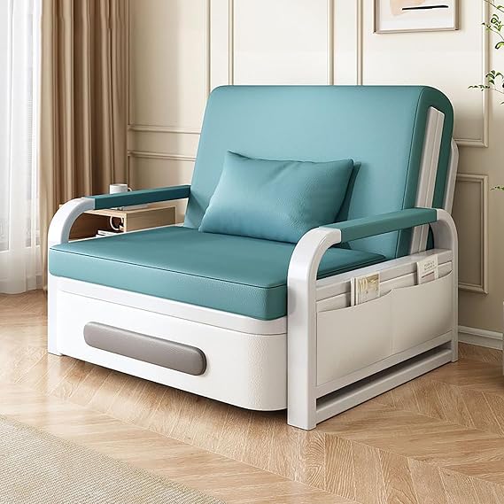Sofa Bed, 2 Seater Folding Sofa Bed with Storage Box, Single Sofa Couch, Space Saving, Compact, Leather, Reclining Function, 3-Way with Armrests, High Resilience Sponge Cushion, Versatile Sofa
