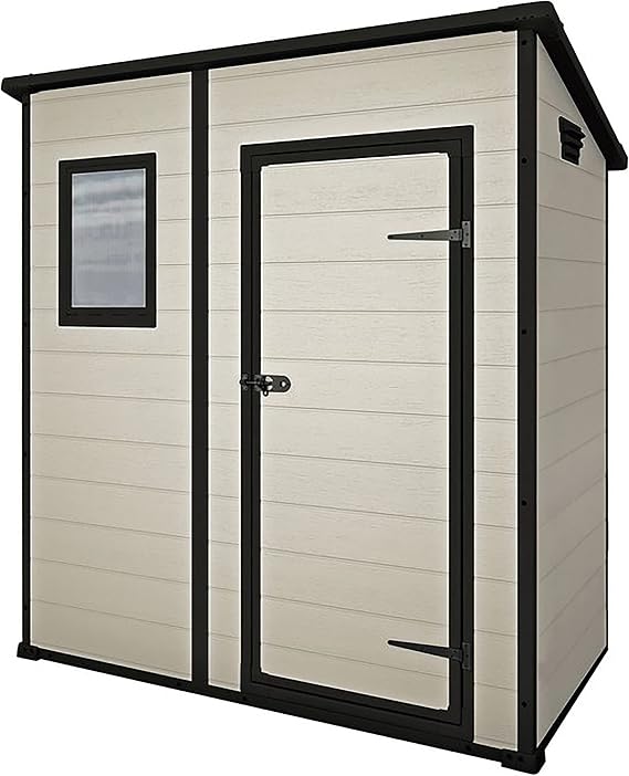 Keter Manor Outdoor Pent Single Door Garden Storage Shed 6 x 4ft Beige Brown Wood Effect Fade Free All Weather Resistant Safe And Secure Zero Maintenance