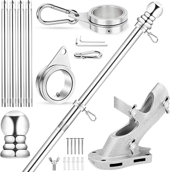 REERON House Flag Pole Kit, 5 FT Metal Spinning Flag Poles Kit, 1" Tangle Free Stainless Steel Flagpole with 360 Flagpole Rings & 2-Position Bracket for Outside House Porch Wall Mount for 3x5 Flag