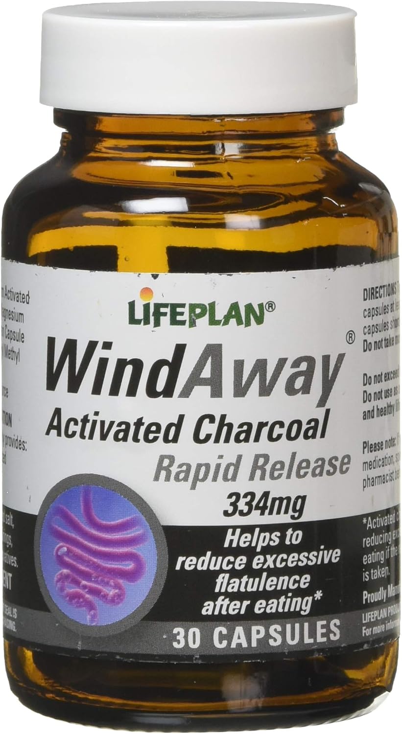 Lifeplan WindAway Rapid Release Activated Charcoal 334mg Supplement — (30 Capsules) — to Help Reduce Excess Flatulence
