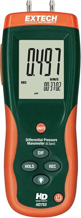 Extech HD755 Differential Pressure Manometer, 0.5 psi, 11 Units, USB