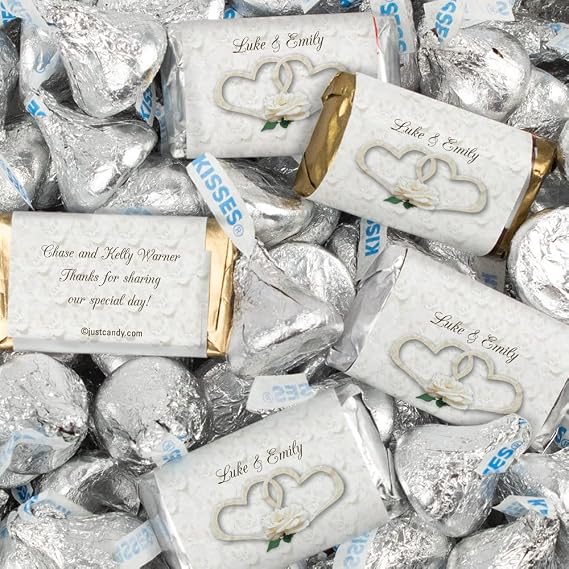 124ct Custom Wedding Candy Favors Two Hearts Miniatures and Kisses (1.5lbs) | Personalized Party Favors Wrapped Miniatures and Kisses