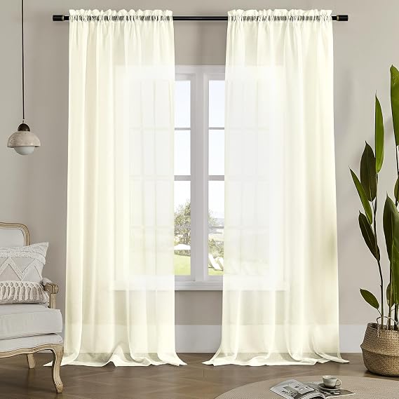 MYSTIC-HOME Sheer Curtains 84 Inches Long, Rod Pocket Sheer Drapes for Living Room, Bedroom, 2 Panels, 52"x84", Semi Crinkle Voile Window Treatments for Yard, Patio, Villa, Parlor, Beige