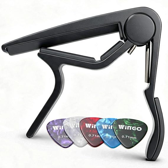 WINGO Flat Guitar Capo for Classical Guitars- Black with 5 Picks | Longer Rubber Pad, No Buzz