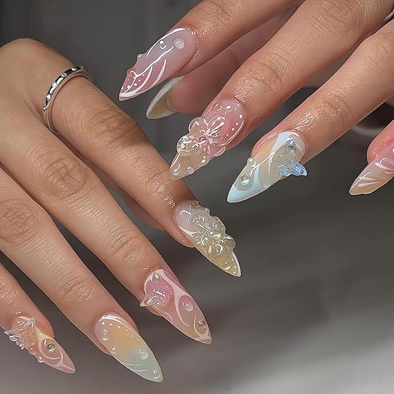LPOODDNU Almond Press On Nails 3D Effect Butterfly False Nails Glossy Pink Summer Press Ons with Designs Medium Length Exquisite Glue On Cute Stick Ons for Women French Manicure
