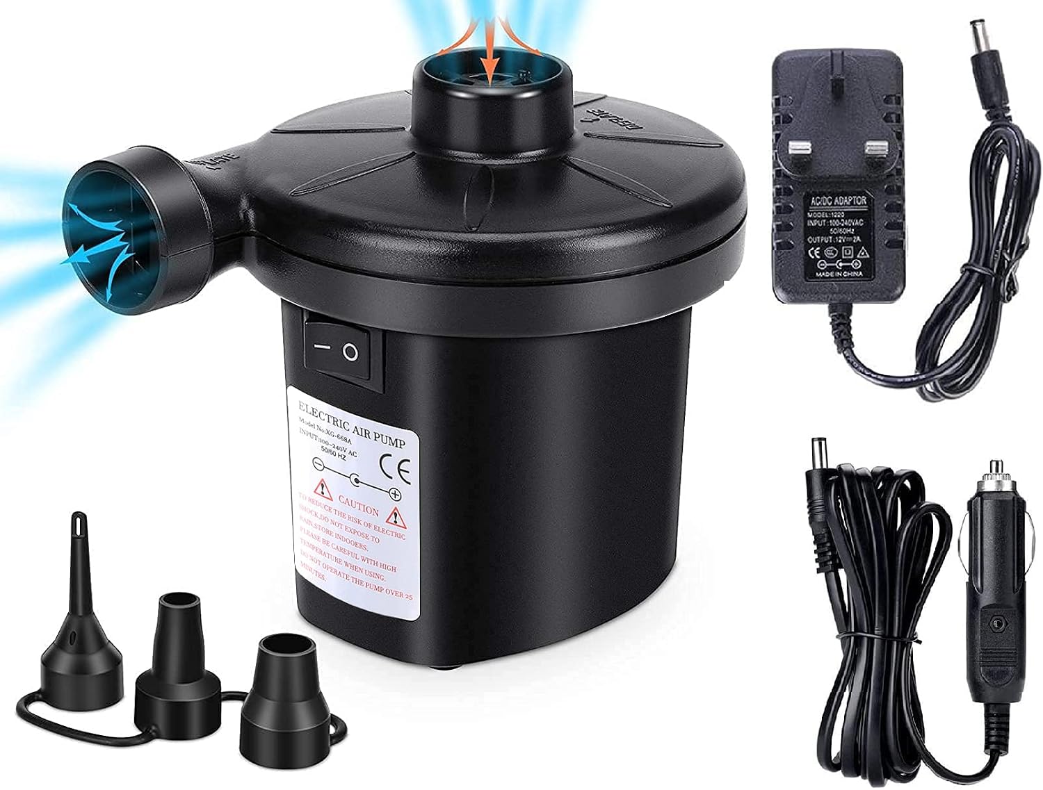 Electric Air Pump, Air Pump for Quick InflatorDeflator with 3 Nozzles, Camping Electric Pumps Portable HomeCar, Air Mattress Pump for Inflatable BoatAir MattressPoolInflated ToyYoga Ball