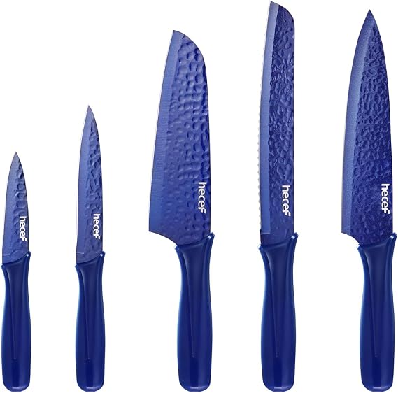 hecef Galaxy Blue Kitchen Knife Set of 5, Non-slip Metallic Ceramic Coated Chef Knife Set, Hammered Blade with Plastic Handle and Protective Blade Sheath