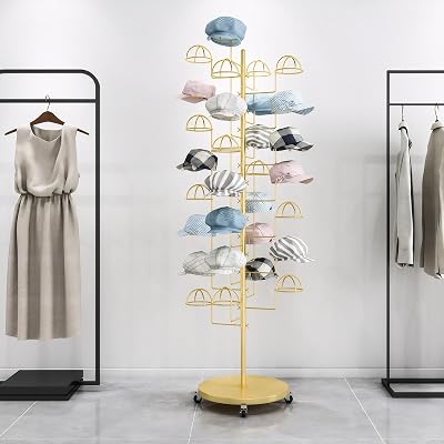 OMKUOSYA Gold Floor Standing Hat Rack 69 Inch Display Rack Hat Organizer Metal Hat Stand Hats Wigs Holder for Cap Retail Display Storage Vertically Gold