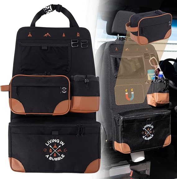 Living in a Bubble Seat back Organizer Magnetic Toiletry and Cooler Pouch, Cordura Car Backseat Storage with Device Holder & Hooks, Multi-Compartment Utility Bag for Campervans & Family Travel