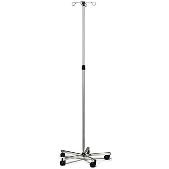 Lumex Deluxe Rolling IV Pole with 4 Hooks Height-Adjustable Stainless Steel Infusion Stand with 5-Leg Base & Wheels