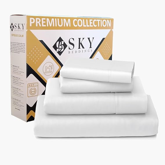 SKY BEDDINGS 100% Cotton King Bed Sheets 4 Piece - 400 Thread Count Sateen Weave, King Size Sheets Set with 15" Deep Pockets, Cooling, Breathable Cotton Sheets for King Size Bed - White