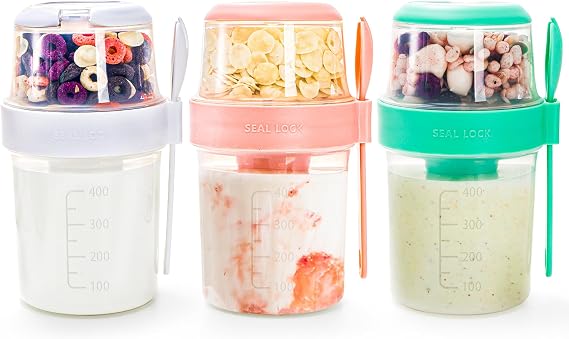 Kingrol 3 Pack 550ml Overnight Oats Containers to Go, 300ml Yogurt Parfait Cup with Lid, Spoon, and Topping - Reusable and Leak-Proof for Breakfast Cereal Fruit Vegetable Salad Snack