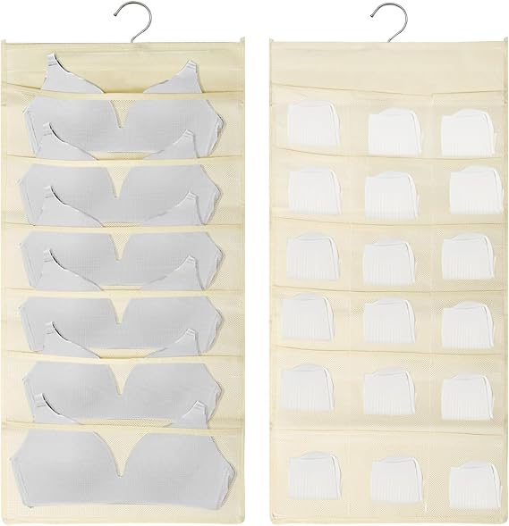 Bra and Underwear Closet Hanging Organizer, LIOUCBD Mesh Pockets & Rotating Metal Hanger, Dual Hanging Storage Bag for Bra Socks Underwear Underpants (6+18 Pockets Beige)