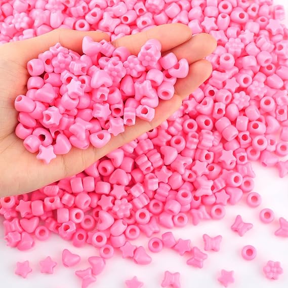 Pink Pony Beads for Bracelet Making, 500 Pcs 5 Shapes Acrylic Plastic Kandi Beads Set, Bulk Craft Pink Bead with 4mm Large Hole for Braids & DIY Sweet Style Jewellery Making