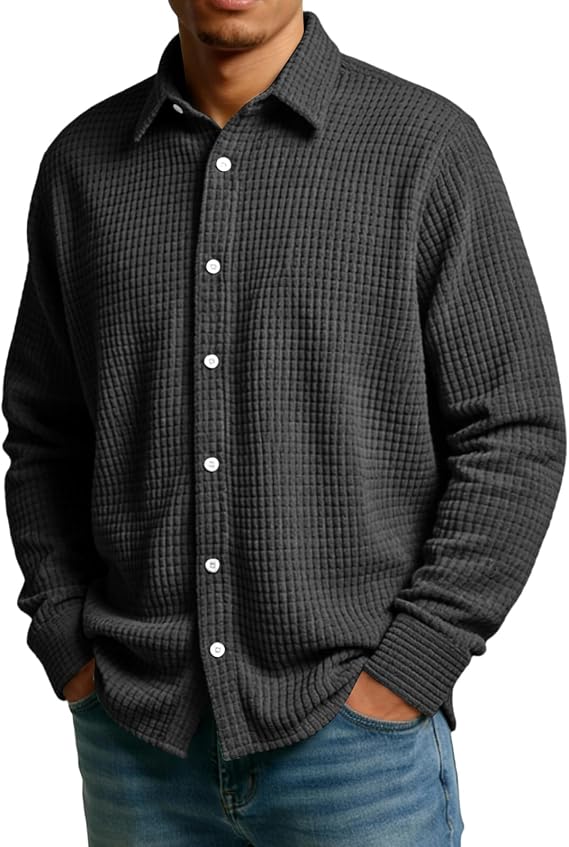 Mens Long Sleeve Button Down Shirts with Collar Big and Tall Dress Shirts Casual Comfy Lightweight Quilted Shacket