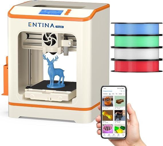Entina Tina2C Mini 3D Printer Starter Bundle for Kids & Beginners, Fully Assembled, Auto Leveling, Easy Setup, WiFi & App Control, 3000+ Model Library, 20+ Creative DIY Modules, Includes 4-Color PLA