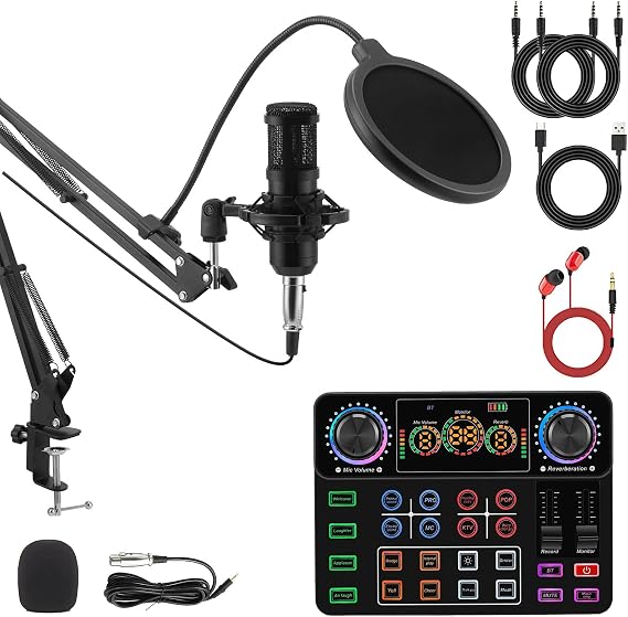 Podcast Equipment Bundle, Streaming Microphone Kit with Audio Mixer & Sound Card, USB Condenser Mic for 1 People, Perfect for Podcasting, Singing, YouTube, Gaming – for PC Laptop Phone