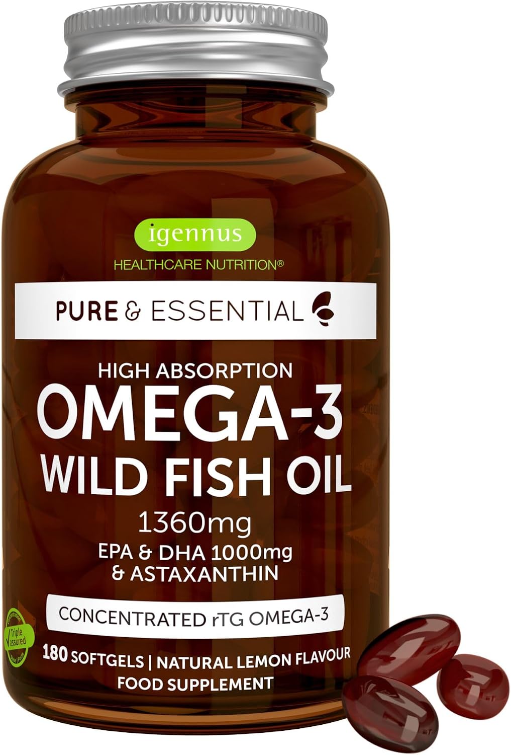 Igennus Omega-3 Wild Fish Oil & Astaxanthin, Highest Grade Triglyceride rTG, 180 Softgels, IFOS Certified Ultra Pure, Omega-3 EPA & DHA Fatty Acids 1360mg, Tested Safe for Mercury, PCBs and Dioxins