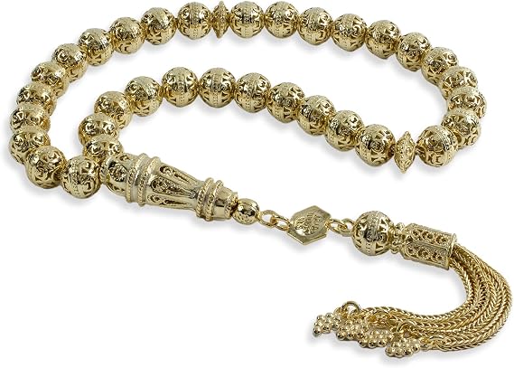 FILIGRANIST Gold Plated 925 Sterling Silver Filigree Art Round Beads Tasbeeh 33 Piece Silver Beads Misbaha Tasbih Prayer Bead Worry Beads Rosary Stress Chain (Model-10, Gold Plated Silver)