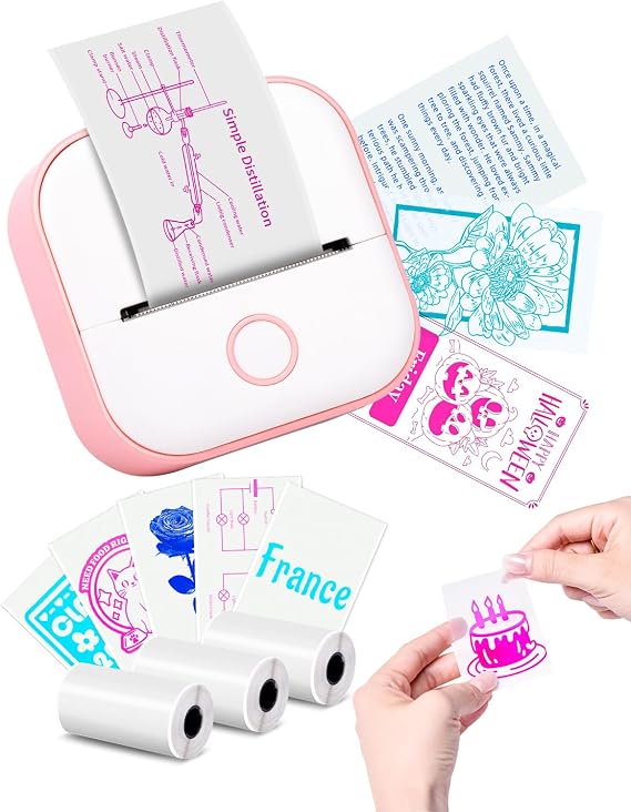 Memoking T02 Mini Thermal Printer, Mini Sticker Printer with 3 Rolls Paper