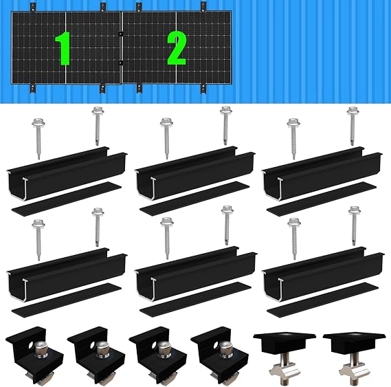 Warmfay Solarmodul Halterung Montageset Schwarzes 12CM Aluprofil und Verstellbare Klammern Befestigung für Solarmodul Solarpanel Halterung 2 Modul 30-35MM für Flachdach Trapezblech Blechdach