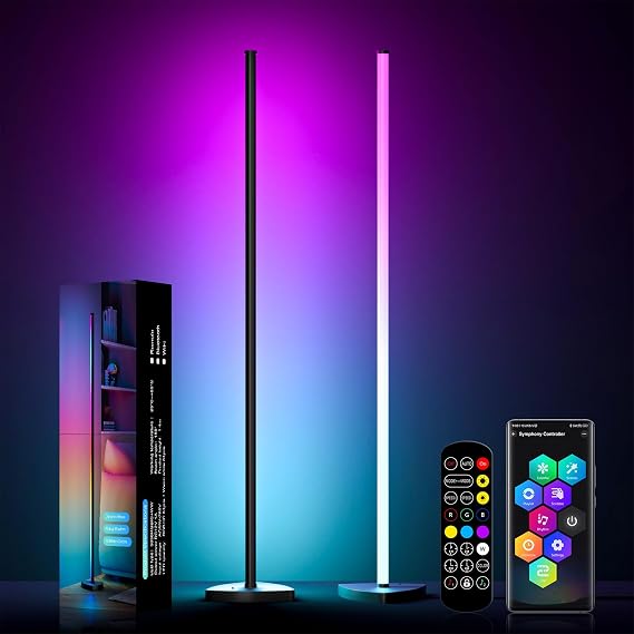 LED Floor Lamp 2 Pack, 57.5" RGB Corner Lamp with Music Sync, Colour Changing Standing Lamp with APP & Remote Control, 16 Million Colour, Mood Lighting for Living Room, Bedroom, Gaming [Energy Class F]