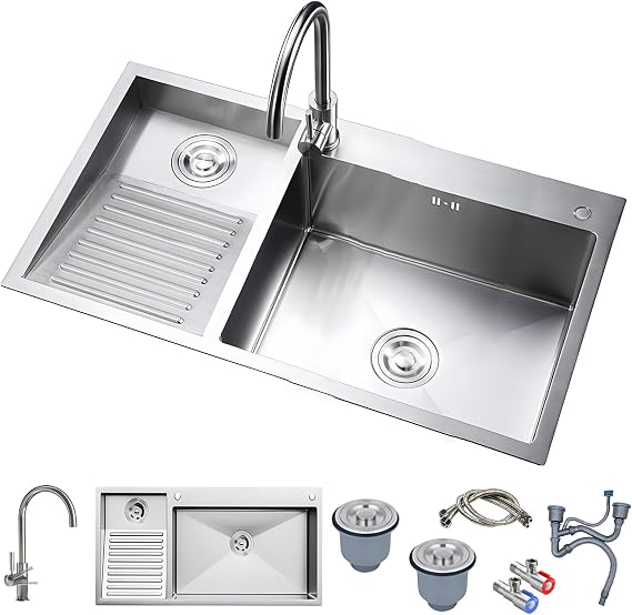 900 mm Washbasin Sink with Scrub Board, Stainless Steel, Kitchen Sink with Faucet, Household, Pool, Balcony, Room, Washbasin, Easy to Clean, Double Basin