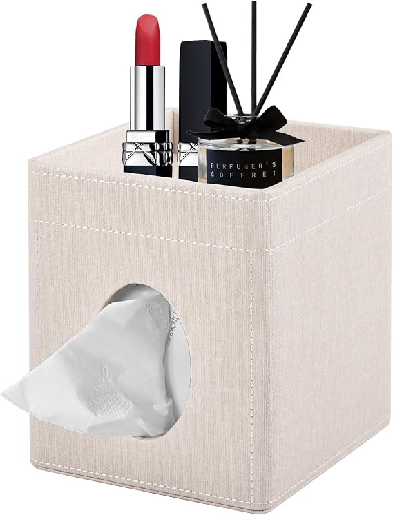 Tissue Box Cover,PU Leather Square Tissue Box Holder with Storage Tray for Bathroom Vanity Countertop Night Stands Bedroom Office Desk,Stylish Kleenex Box Holder Decorative Organizer (Beige)