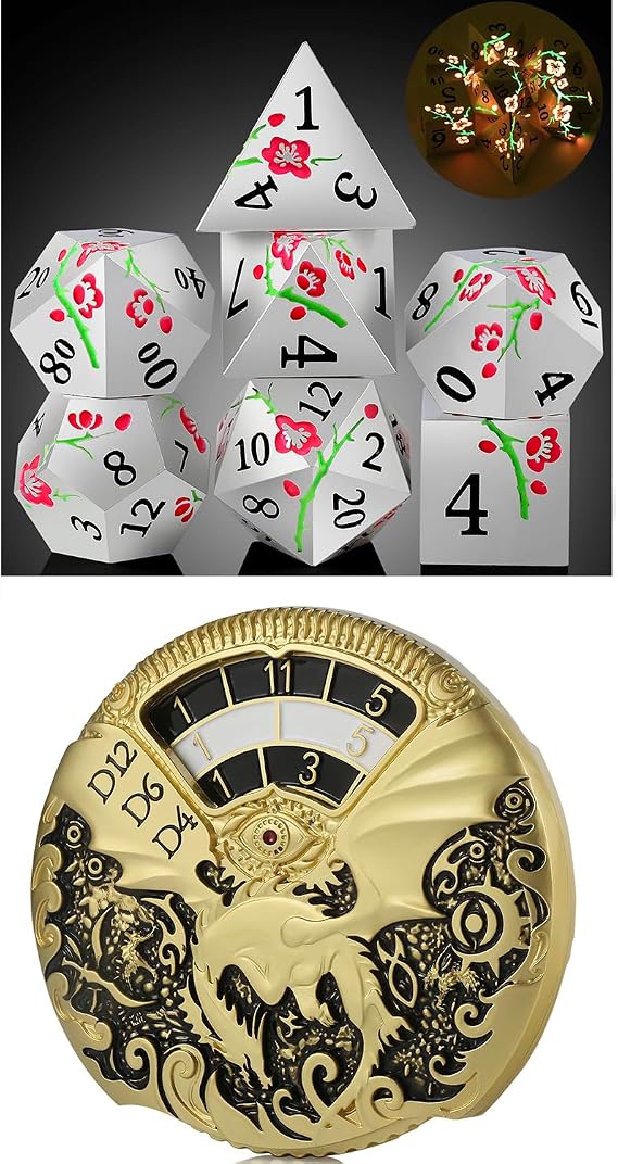DNDND 7 PCS Glow in The Dark Metallic D&D Dice Set with Gorgeous Gift Case and DNDND Dragon Roulette Spinner Dice with Luxurious Box