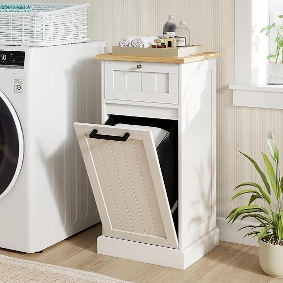 Giantex Tilt Out Laundry Hamper Cabinet, Bathroom Storage Cabinet with Drawer, Removable Laundry Basket, Bamboo Countertop, 10 Gallon Hidden Wood Laundry Cabinet (White)