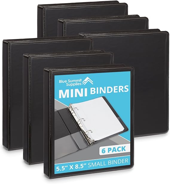 Blue Summit Supplies Small 3 Ring Binder for 5.5" x 8.5" Paper, Black 6 Pk