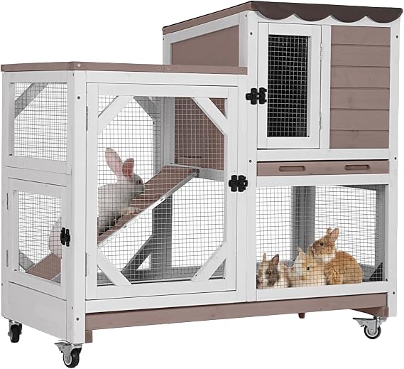 Aivituvin Rabbit Cage Indoor Outdoor Bunny Hutch on Wheels, 2 Story Wood Guinea Pig Cages with 2 Deeper Pull Out Trays(Brown)